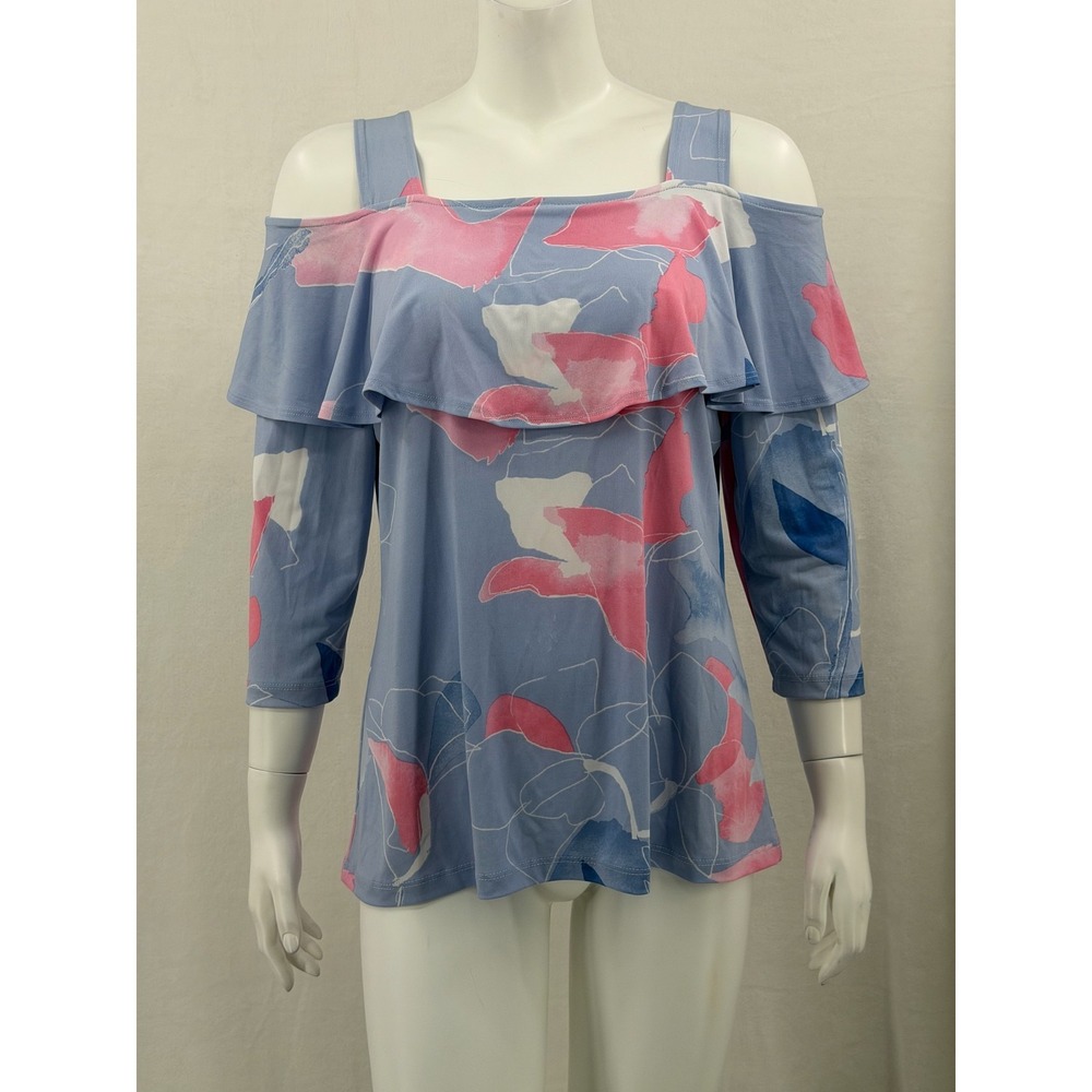Clara‎ Sunwoo Top Womens Medium Blue Pink Cold Shoulder Ruffle Floral Watercolor
